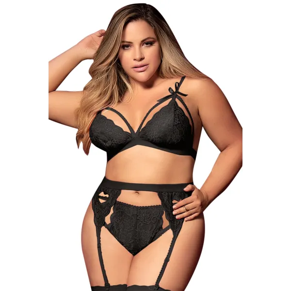 Ensemble 3 pièces noir grande taille  soutien-gorge string porte-jarretelles - MAL8221XBLK