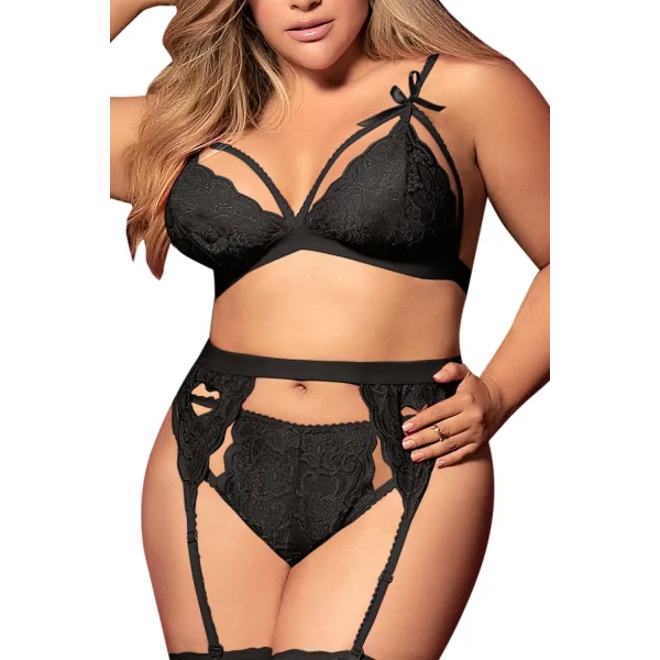 Ensemble 3 pièces noir grande taille  soutien-gorge string porte-jarretelles - MAL8221XBLK