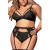 Ensemble 3 pièces noir grande taille  soutien-gorge string porte-jarretelles - MAL8221XBLK