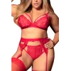 Ensemble 3 pièces rouge grande taille  soutien-gorge string porte-jarretelles - MAL8221XRED