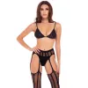 Ensemble 3 pièces soutien-gorge, porte jarretelles bas et string - REN7096-BLK