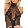 Bodystocking noir résille effet body string et jarretière - REN7063-BLK