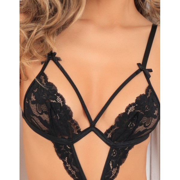 Body string noir ouvert à l'entre-jambes dentelle et ornements - RECREN502167-BLK RECONDITIONNE