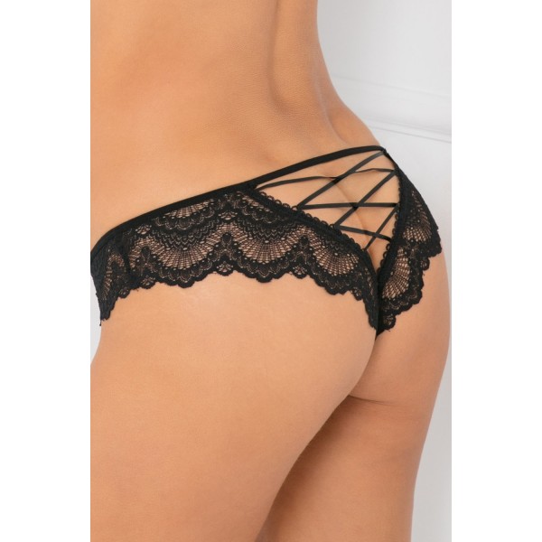 Tanga noir dentelle ajouré sur les fesses ornements croisés - REN1145-BLK Reconditionné