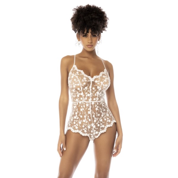 Body blanc transparent Celina avec dentelle brodée florale, bretelles ajustables - MAL7543STWT