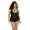 Body effet babydoll Pearl grande taille en wetlook noir et résille, bretelles réglables, zip fonctionnel au dos -...