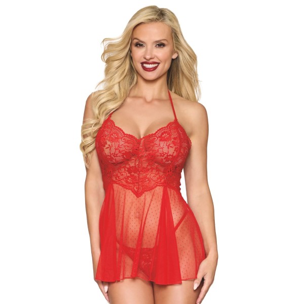 Nuisette rouge en résille et dentelle florale, string assorti - DG13524RED