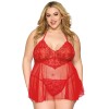 Nuisette grande taille rouge en résille et dentelle florale, string assorti - DG13524XRED