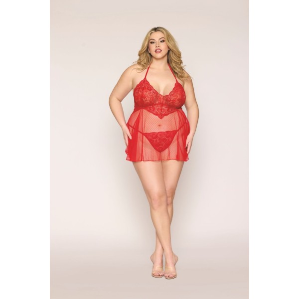 Nuisette grande taille rouge en résille et dentelle florale, string assorti - DG13524XRED