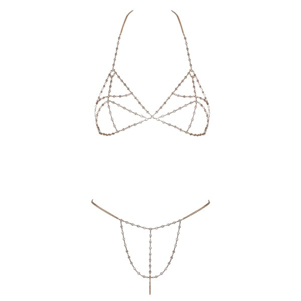 Soutien-gorge et string bijoux en chaînettes dorées et strass irisés - R24505186001