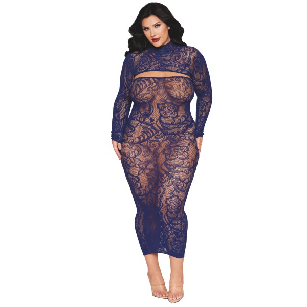 Ensemble 2 pièces grande taille top manches longues et robe bleu marine - DG0525XECL