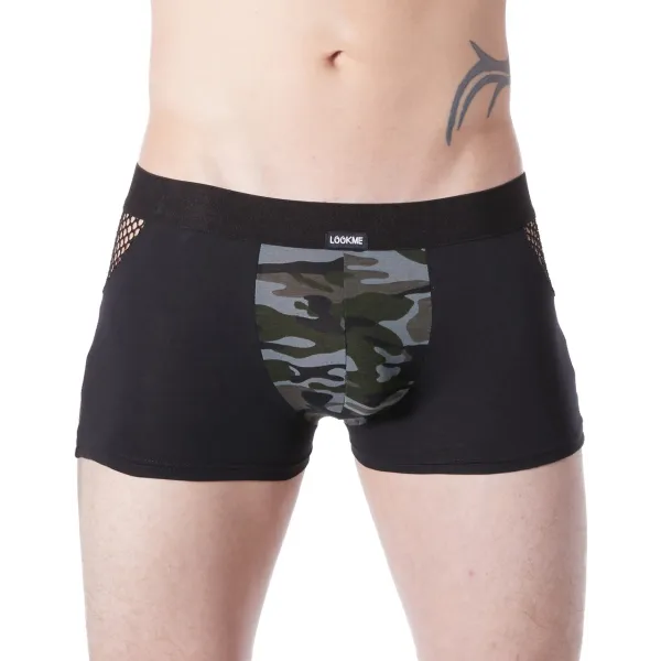 Boxer noir sexy armée déco camouflage côtés résille filet - LM814-67BLK