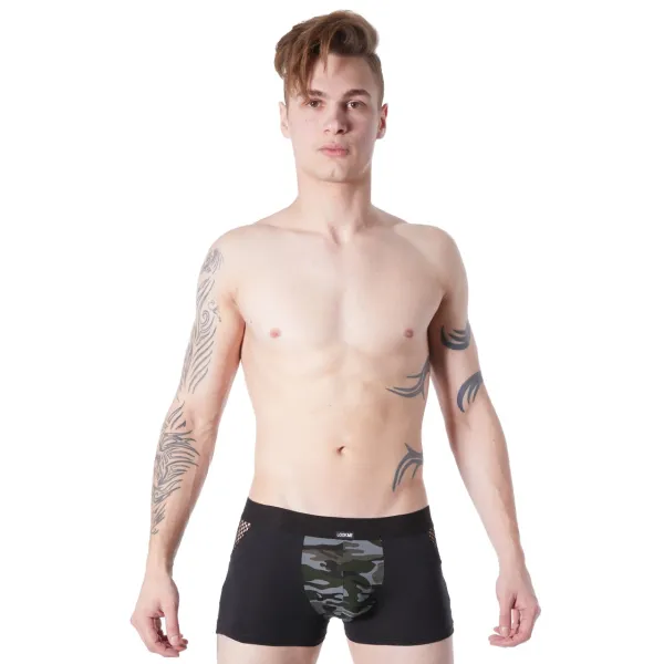 Boxer noir sexy armée déco camouflage côtés résille filet - LM814-67BLK