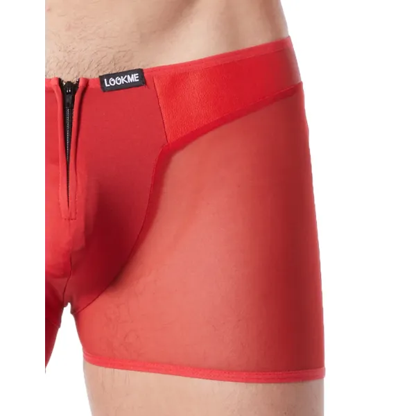 Boxer rouge sexy avec fermeture éclair et côtés style cuir et maille transparente - LM813-67RED