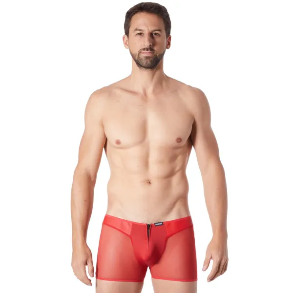 Boxer rouge sexy avec fermeture éclair et côtés style cuir et maille transparente - LM813-67RED