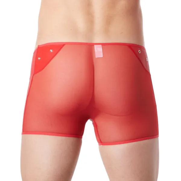 Boxer rouge sexy maille transparente et bande style cuir - LM807-67RED