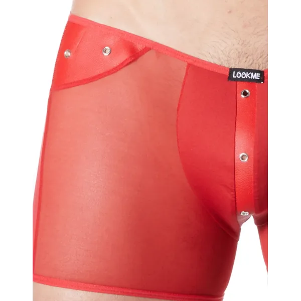 Boxer rouge sexy maille transparente et bande style cuir - LM807-67RED