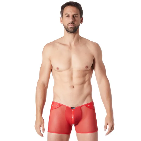 Boxer rouge sexy maille transparente et bande style cuir - LM807-67RED