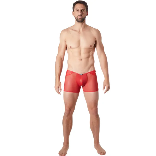 Boxer rouge sexy maille transparente et bande style cuir - LM807-67RED