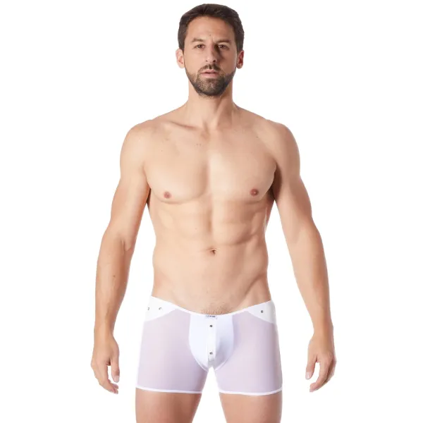 Boxer blanc sexy maille transparente et bande style cuir - LM807-67WHT