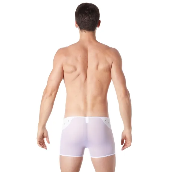 Boxer blanc sexy maille transparente et bande style cuir - LM807-67WHT