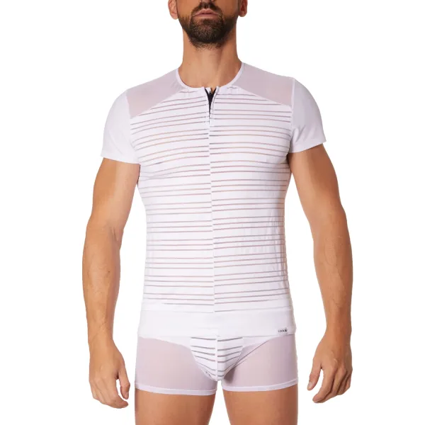 T-shirt blanc rayé opaque et transparent - LM906-81WHT