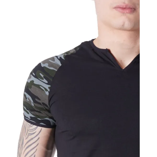 T-shirt noir sexy armée déco camouflage sur les manches et col rond ouvert - LM814-81BLK