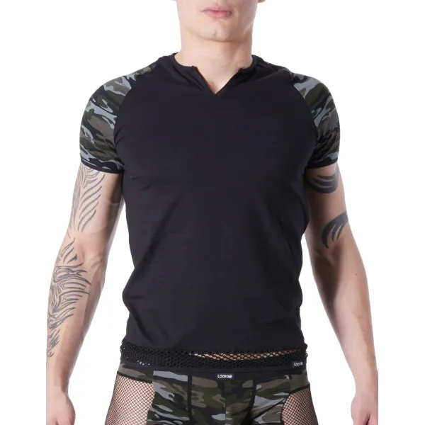 T-shirt noir sexy armée déco camouflage sur les manches et col rond ouvert - LM814-81BLK