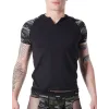 T-shirt noir sexy armée déco camouflage sur les manches et col rond ouvert - LM814-81BLK