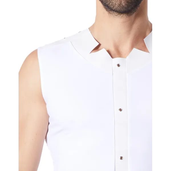 V-shirt débardeur blanc satiné avec bandes style cuir et dos avec transparence - LM807-77WHT