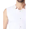 V-shirt débardeur blanc satiné avec bandes style cuir et dos avec transparence - LM807-77WHT