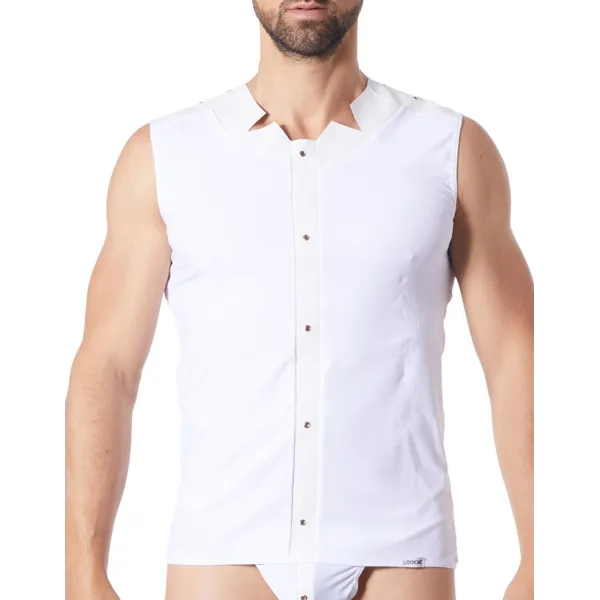 V-shirt débardeur blanc satiné avec bandes style cuir et dos avec transparence - LM807-77WHT