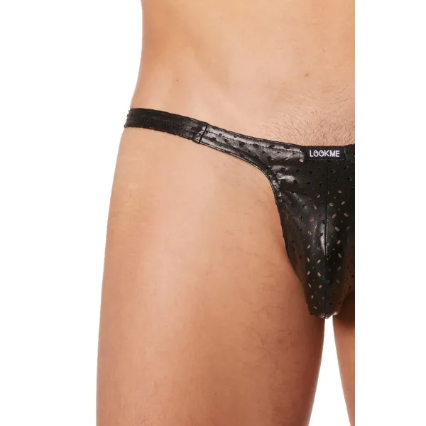 Slip échancré noir simili cuir finement ajouré - LM811-61BLK