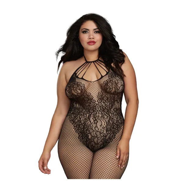 Bodystocking Grande taille résille dans un style Body avec magnifique décolleté à lanières - DG0326XBLK