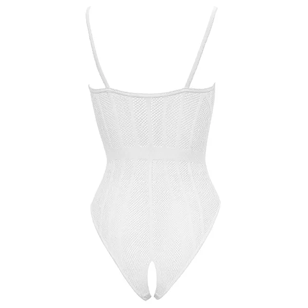 Body string en résille transparente et dentelle blanche, ouvert à l'entrejambe - R26426382101