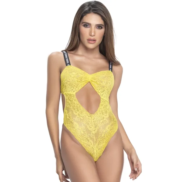 Body string en dentelle florale jaune et bretelles larges élastiques - MAL8693YLW